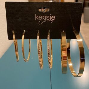 Kensie Jewelry set of 3 gold tone hoops, bling, NEW